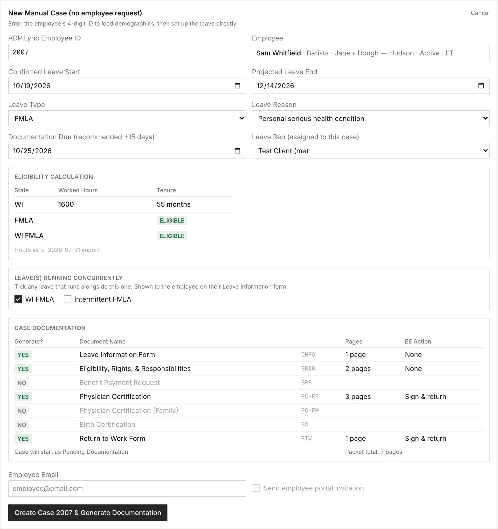 Creating a case in LeavePort: the employee's details load automatically and the required documents are picked for you