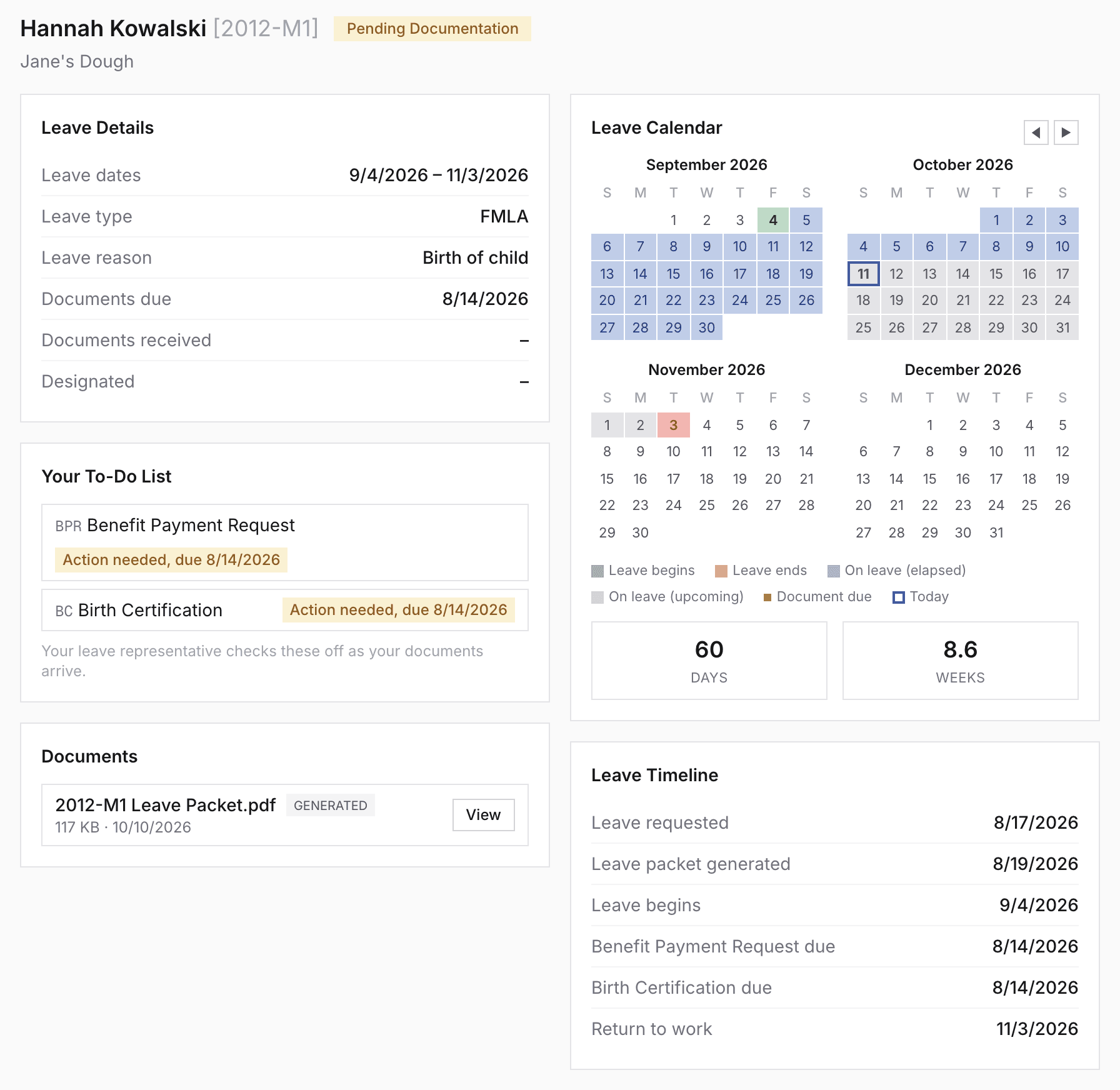 An employee's case in the LeavePort portal: leave details, their to-do list, documents, the leave calendar, and the leave timeline